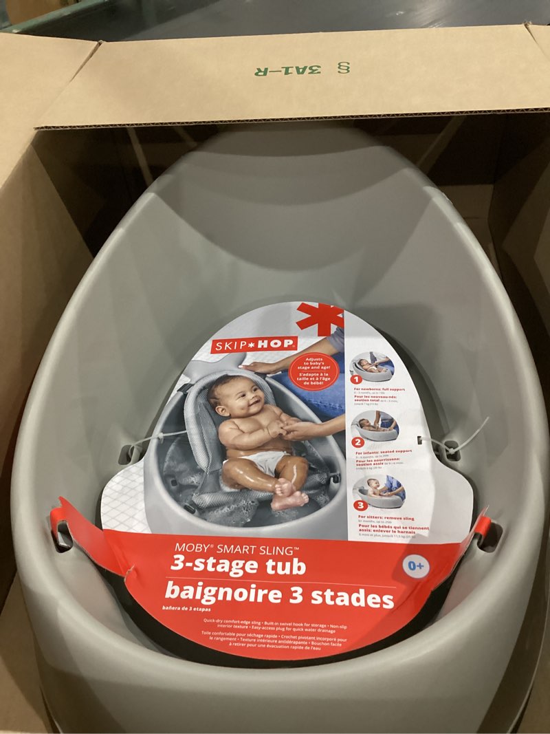 Condition photo showing Good Condition for skip hop infant bath tub 3-stage grow with baby smart sling moby bathtub grey age 0+ grey tub