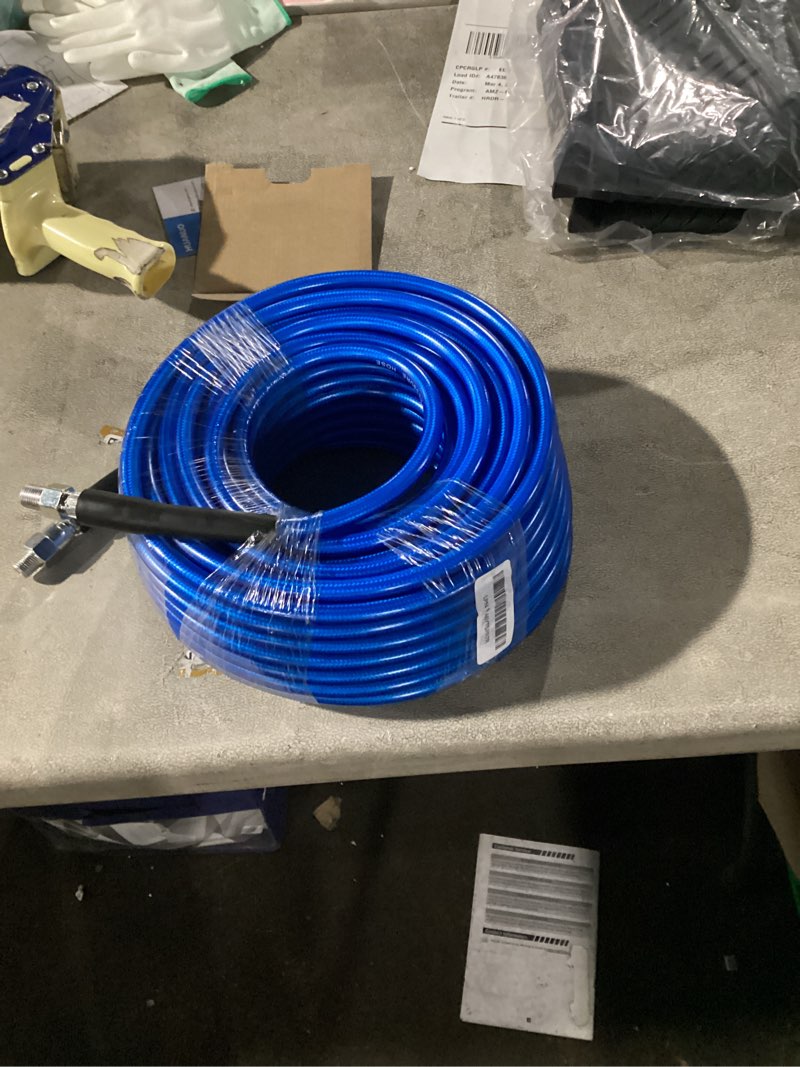 Condition photo showing Good Condition for 100 FT Sewer Jetter Kit for Pressure Washer, 5800PSI Water Jet Drain Cleaner Hose, 1/4 Inch NPT Corner with 4 Sewer Jetting Nozzles, Pearl Corsage Pin, Waterproof Tape, Handle Strap&2 Spanner (Blue) 100FT Blue