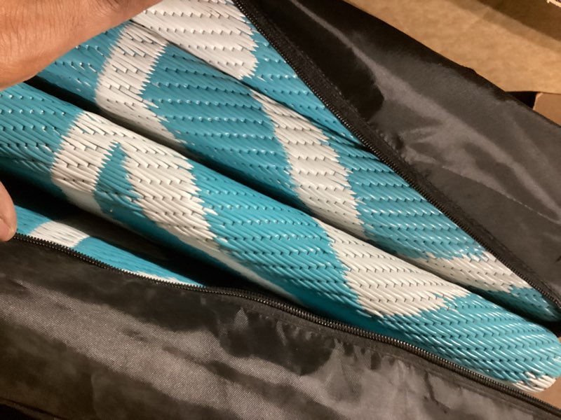 Condition photo showing Good Condition for pauwer waterproof outdoor rug 8x10, reversible plastic straw patio camping rug, indoor outdoor rv mat carpet for deck, camper, porch, balcony, backyard, picnic, geometric teal 8' x 10' (rectangular) geometric teal