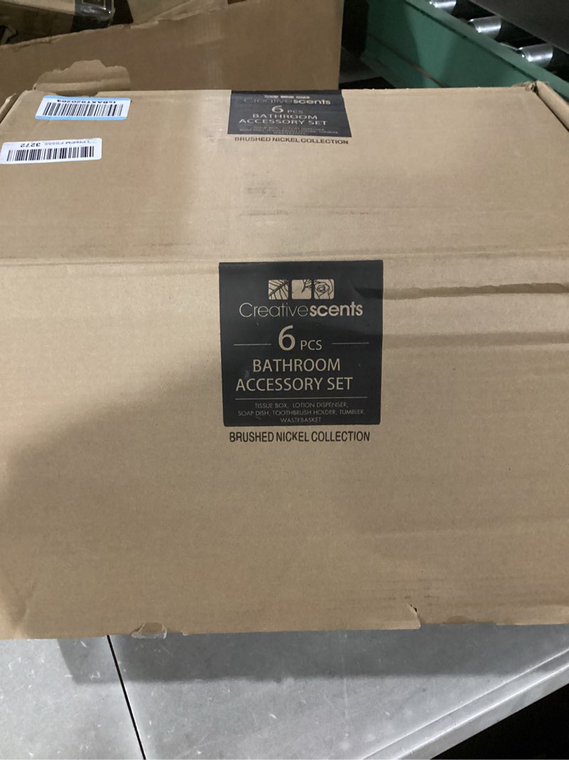 Condition photo showing Good Condition for Creative Scents Crackled Glass Silver Bathroom Accessories Set Complete - 6 Piece Bathroom Accessory Set Includes: Trash Can, Tissue Box Cover, Soap Dispenser, Toothbrush Holder, Soap Dish & Tumbler 6 Piece Set