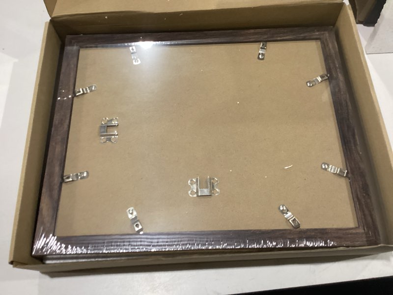 Condition photo showing New/Like New for 11x14 picture frame set of 2, made of real glass and rustic brown wooden frame, display 8x10 pictures with mat or 11 x 14 posters without mat for wall mounting, gallery photo frames rustic brown 11x14 in