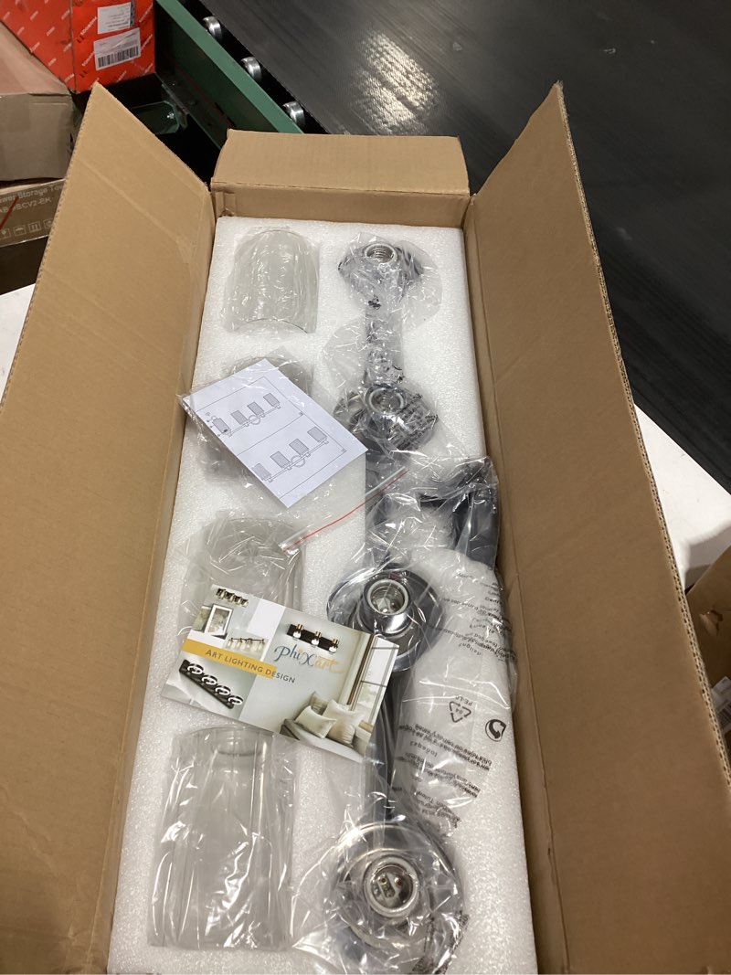 Condition photo showing Good Condition for Bathroom Lighting Fixtures Black and Chrome Bathroom Vanity Light with Cylindrical Clear Stripes Glass Lampshade E26 Socket Base Bathroom Lighting Fixtures Over Mirror (4 Lights) 4 Lights Chrome