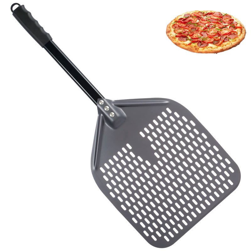 current perforated pizza peel, lightweight aluminum pizza paddle turner with heat-resistant handle, 