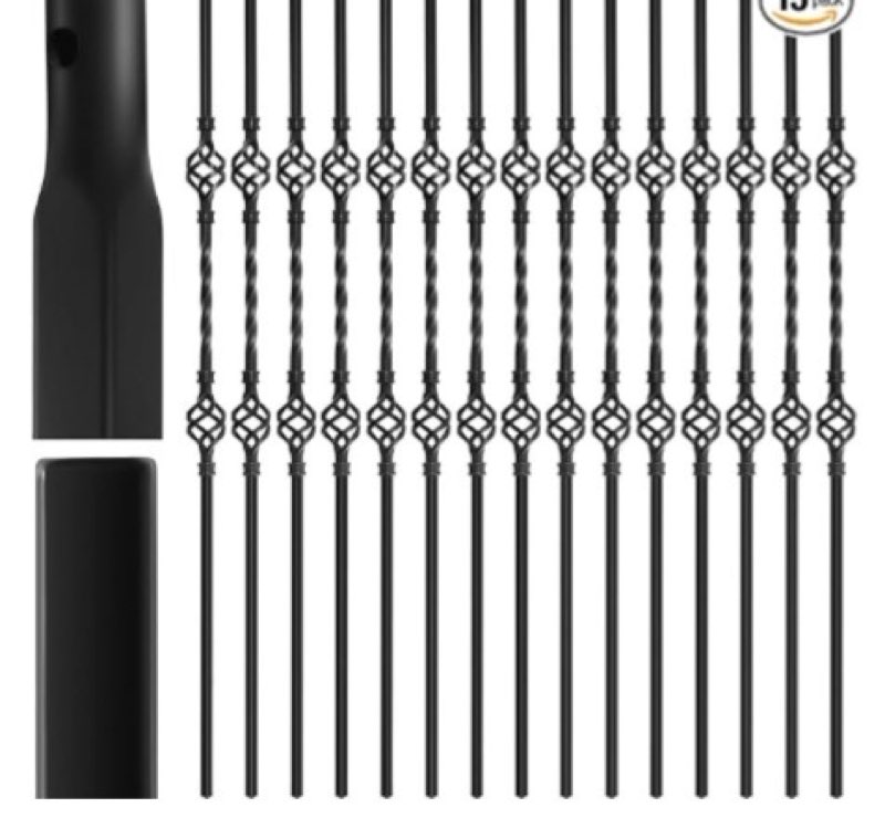(Similar to stock photo) Therwen 10 Pcs Wrought Iron Balusters for Staircase 1/2 x 44 Hollow Double Basket Deck Balusters Staircase Balusters Decorative Stair Spindles Metal Deck Spindles for Spiral Porch Railing Remodel