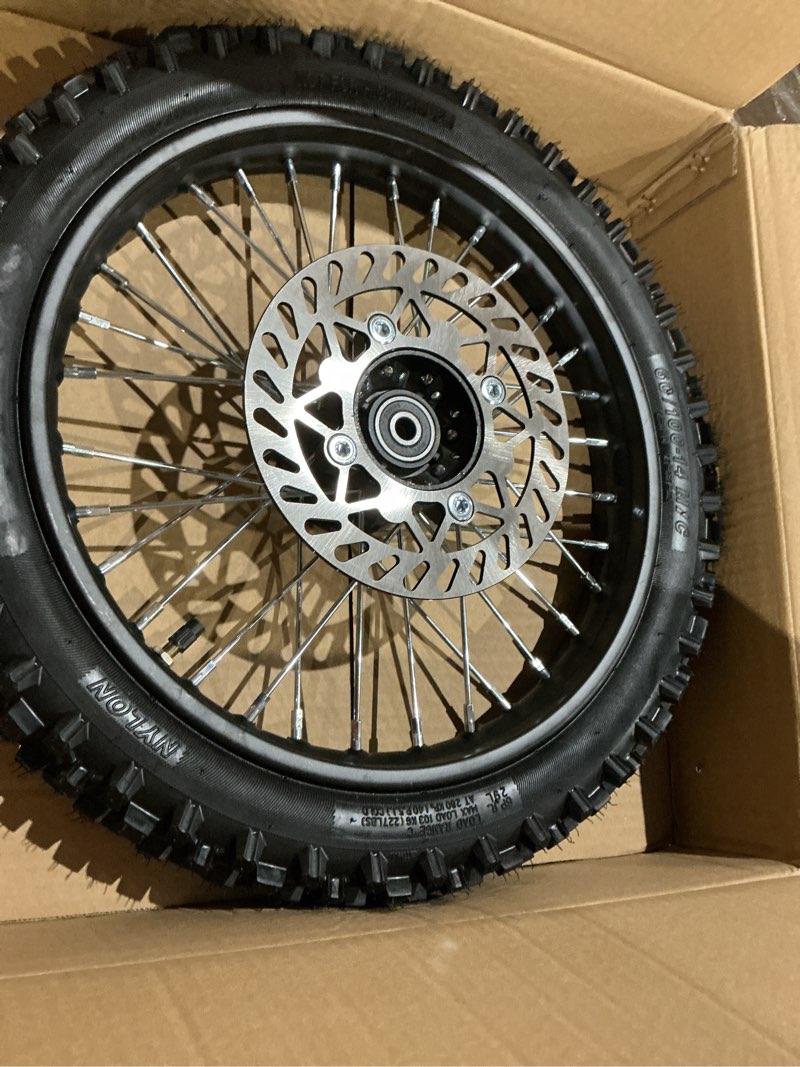 Condition photo showing Good Condition for redcap 14 inch front rim wheel 60/100-14 tire tube assembly for disk brake apollo ssr 125cc xr crf db dirt pit bike tao tao with 12mm axles includes brake rotor (12mm 14 inch) 14 inch 12mm axle hole