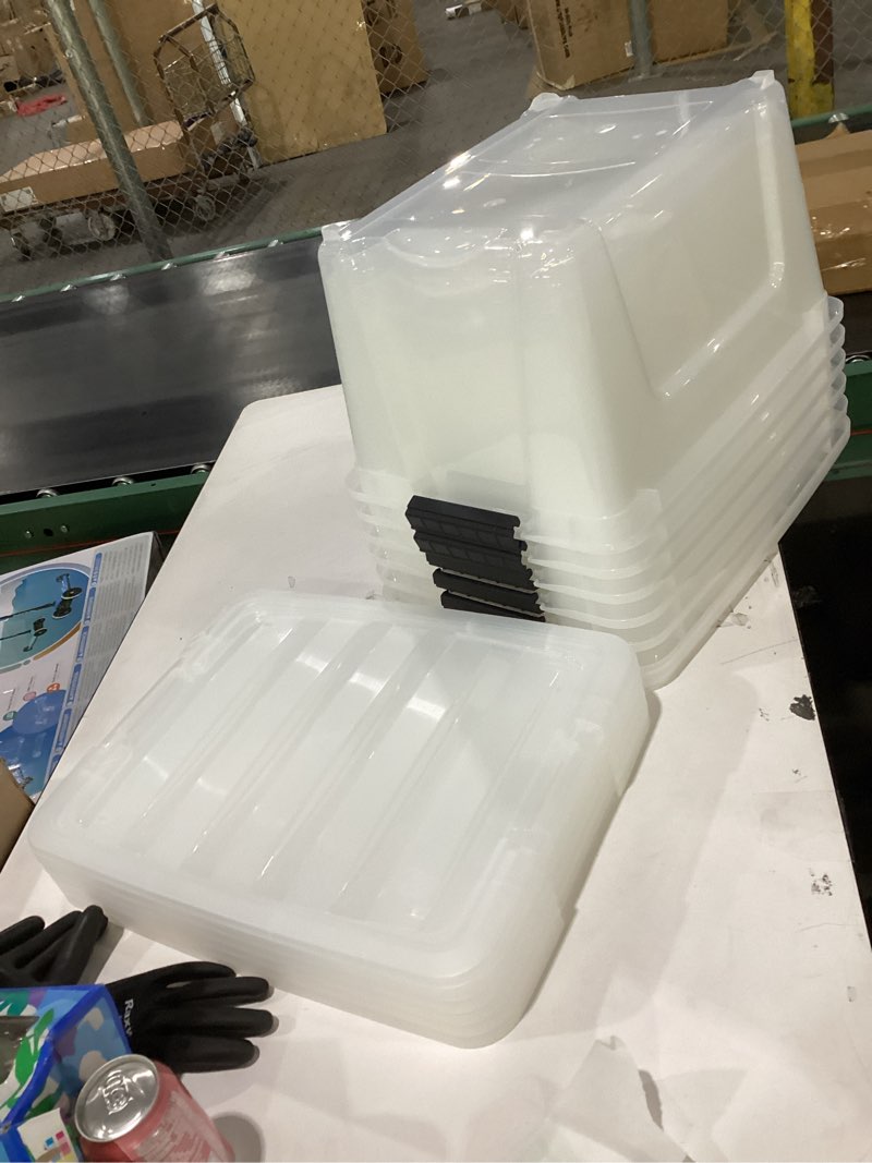 Condition photo showing Good Condition for IRIS USA 32 QT Plastic Storage Box with Lid and Latches - 6 Pack - BPA-Free, See-Through Organizing Solution, Durable Nestable Stackable Containers, Secure Pull Handle - Clear Clear 32 Qt 6 Pack