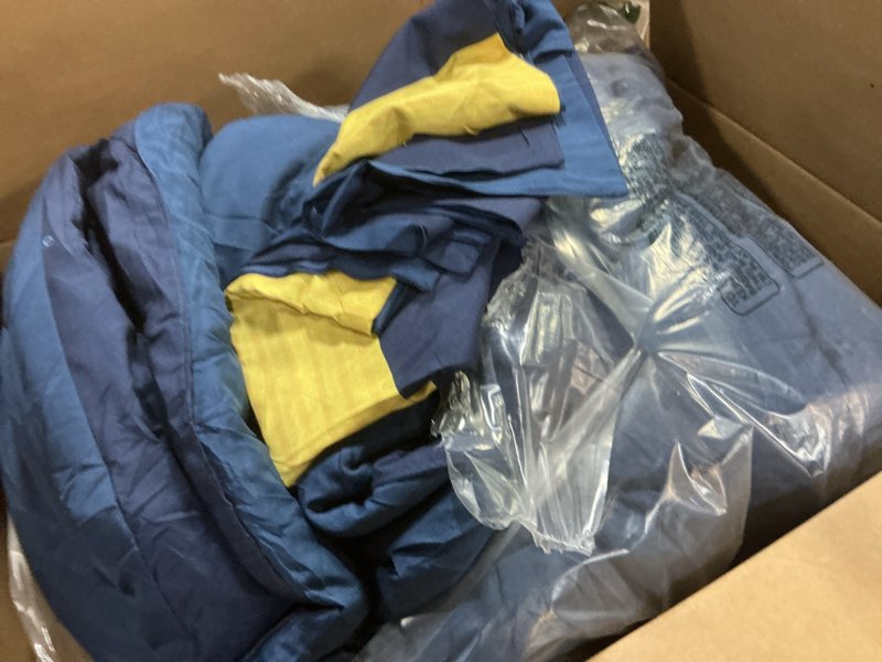 Condition photo showing Good Condition for WONGS BEDDING Comforter Set Queen, Reversible Blue Striped Patchwork Down Alternative Comforter for Queen Bed,3 Pieces (1 Comforter+2 Pillowcases), Soft Microfiber Bedding Duvet Insert Set 90"×90" Queen Blue Yellow