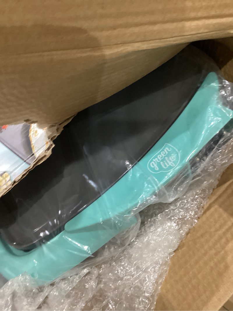 Condition photo showing As Is for greenlife 20” extra large electric griddle, non-toxic pfas & pfoa-free ceramic nonstick, temperature control, quick even heating, removable drip tray, pancakes, eggs, sausage, easy clean, turquoise