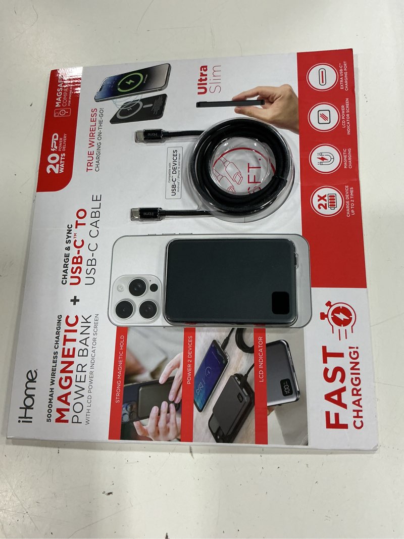Condition photo showing New/Like New for ihome 5000mah magnetic power bank with 6ft usb-c cable, magsafe compatible, 20w rapid power delivery