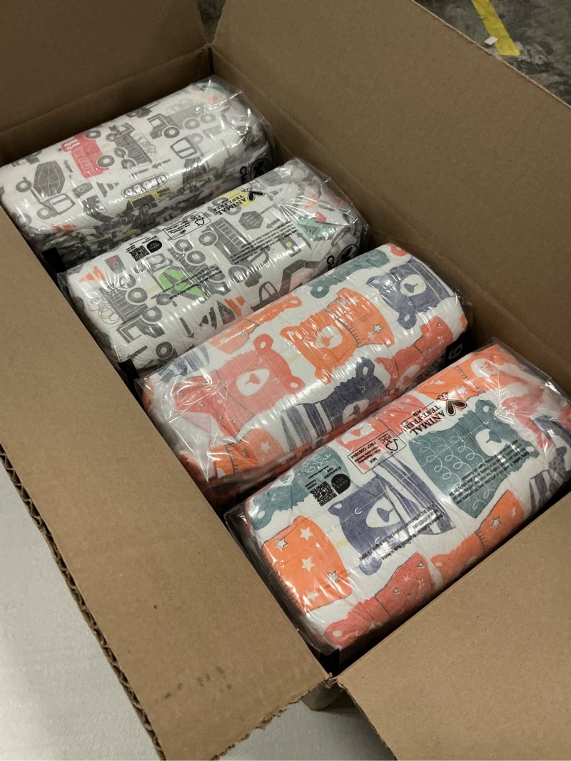 Condition photo showing New/Like New for (size:6)the honest company comfort dry disposable diapers for sensitive skin, hypoallergenic, beary cool + big trucks, super club box size 6 (35 lbs), 68 count size 6 (68 count) beary cool + big trucks
