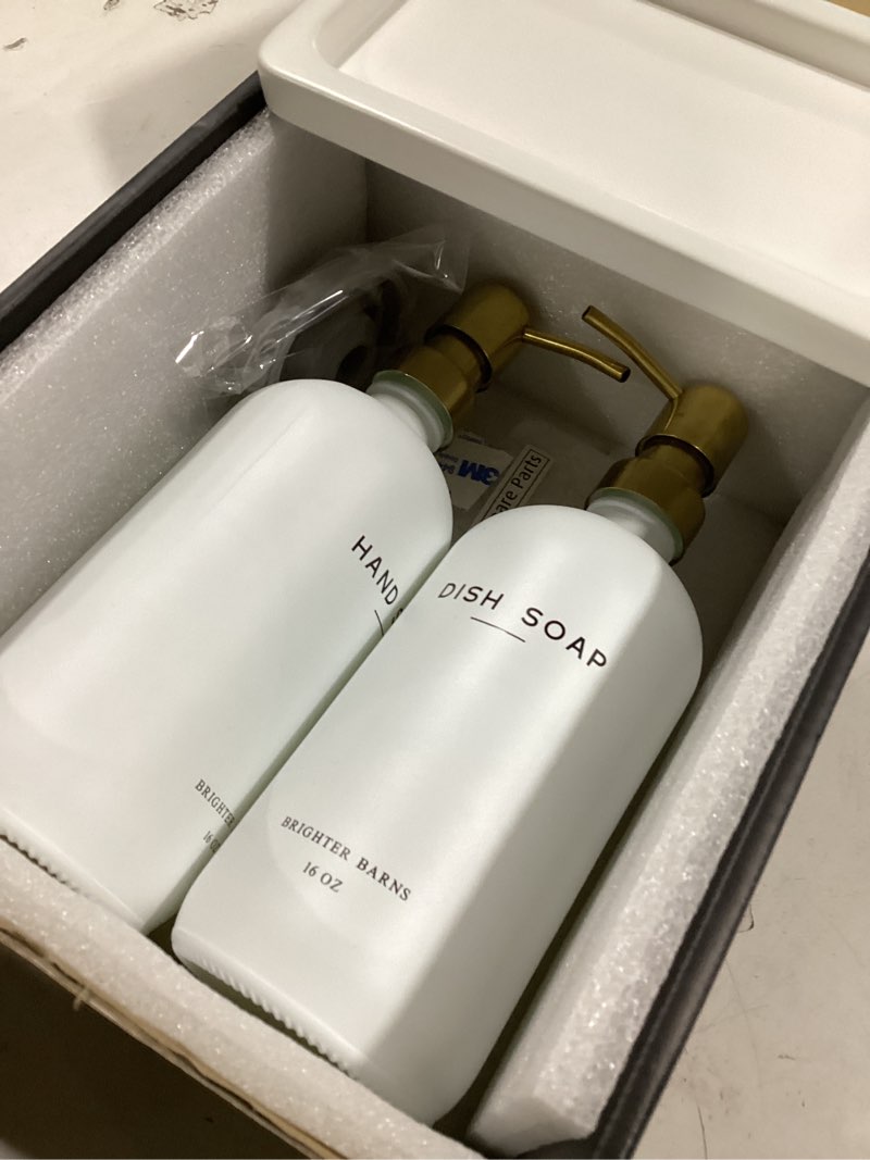 Condition photo showing New/Like New for Luxury Glass Hand and Dish Soap Dispenser Set by Brighter Barns - Kitchen Soap Dispenser Set & Stainless Steel Pump - Glass Bottle for Sink - White and Gold Kitchen Accessories for Airbnb, Gift (Gold) Hand Dish (Gold)