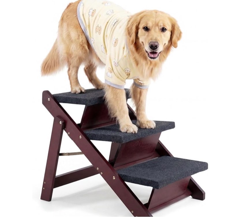 mewang wooden pet stairs/pet steps, 3-in-1 folding stairs and ramp for beds and cars, portable staircase for dogs/cats up to 220 lbs, ideal for animals
