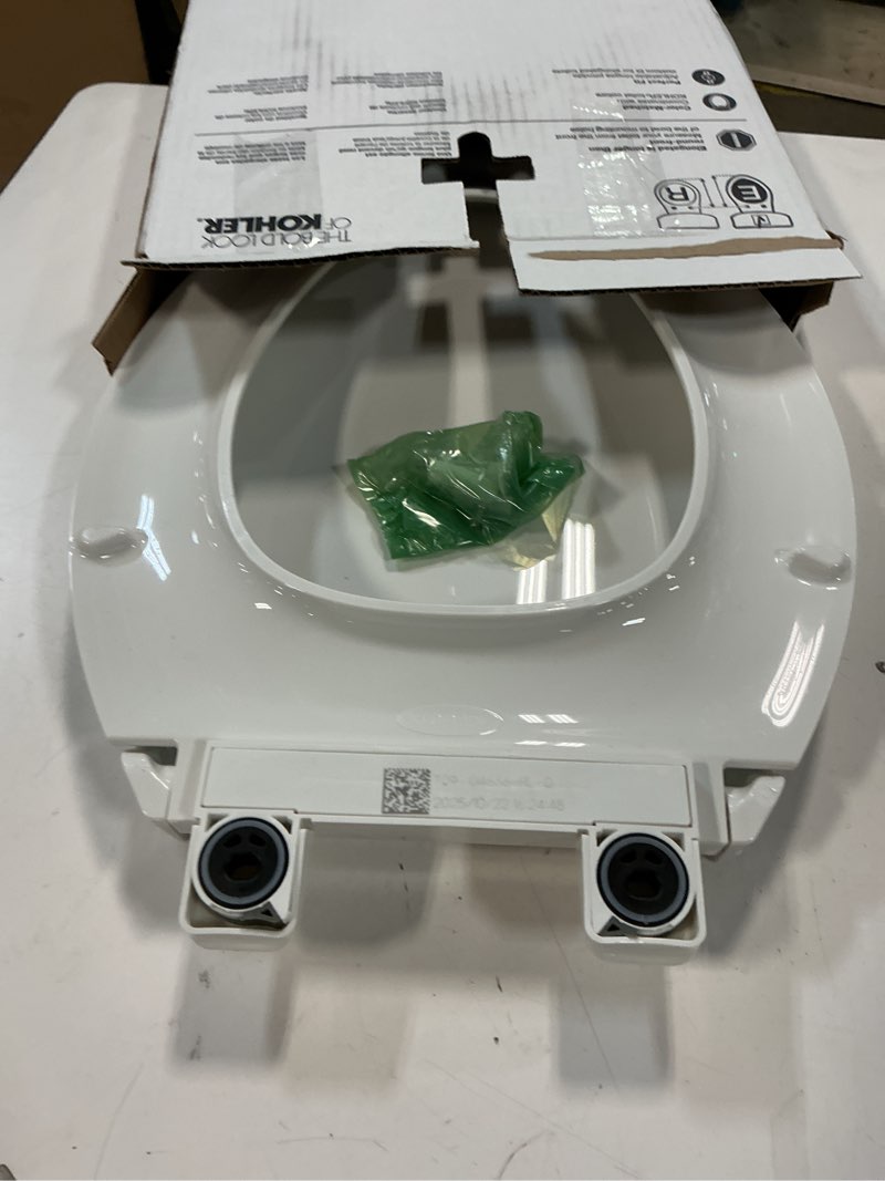 Condition photo showing As Is for KOHLER 4636-RL-0 Cachet ReadyLatch Elongated Toilet Seat Slow Close, Soft Close Toilet Seat Quiet Lid, Contoured Grip-Tight Bumpers Installation Hardware, Apartment Essentials, White White Elongated Ready Latch