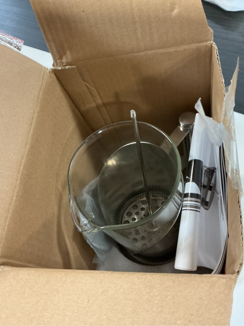 Condition photo showing As Is for cafe du chateau stainless steel french press coffee maker 34 oz - easy to use insulated coffee press with 4-level filtration, manual brewer for tea, camping & travel with bpa free, durable clear glass a. silver