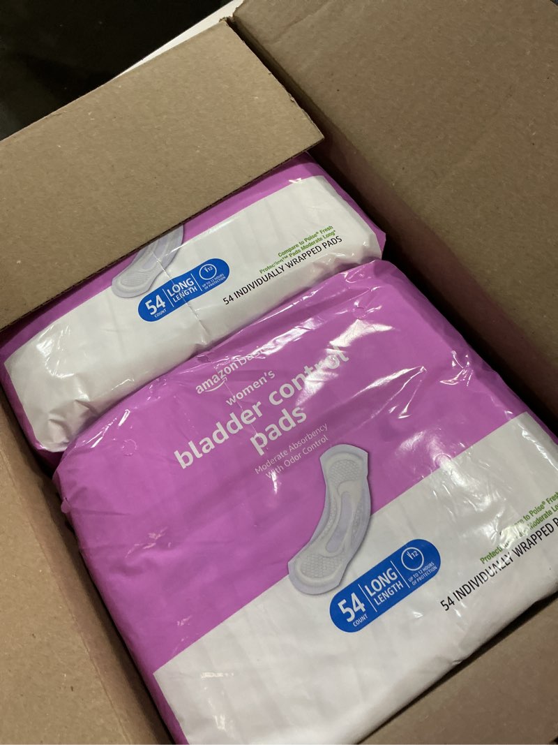 Condition photo showing New/Like New for amazon basics incontinence pads for women, postpartum, long, bladder control, moderate absorbency, unscented, 108 count (2 packs of 54) moderate (108 count) 108.0