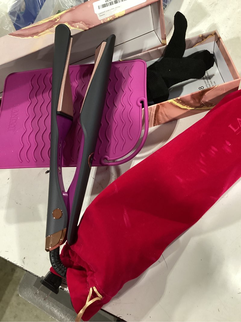 Condition photo showing As Is for landot 2-in-1 hair straightener and curler, ceramic twist iron dual voltage | flat curling iron, anti-frizz ionic, smooth glide floating plates, 30s fast heat-up, 12 temps 250-450°f, all hair types black twist flat iron 1 inch