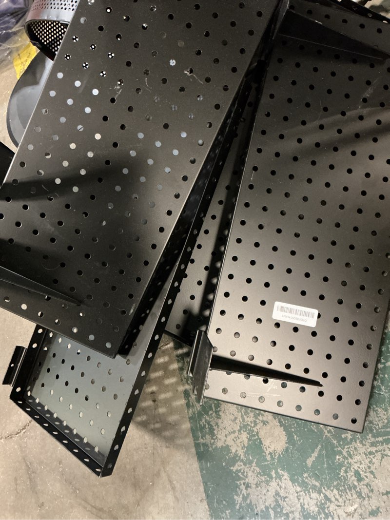 Condition photo showing As Is for 2 Pack Slatwall Shelves, Heavy Duty Metal Slat Wall Shelf for Retail, Garage, Home Storage, 20 lbs Load Capacity, Universal Slatwall Accessories(10 x 12 Inch-2) 10'x12'-2