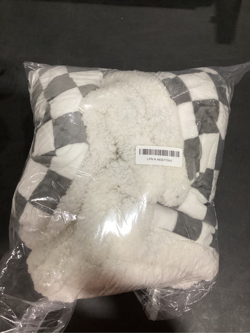 Condition photo showing Good Condition for LOMAO Sherpa Throw Blanket Fleece Blanket with Checkered Pattern Soft Thick Blanket for Couch, Bed, Sofa Luxurious Warm and Cozy for All Seasons (Grey, 51"x63") Grey 51"x63"