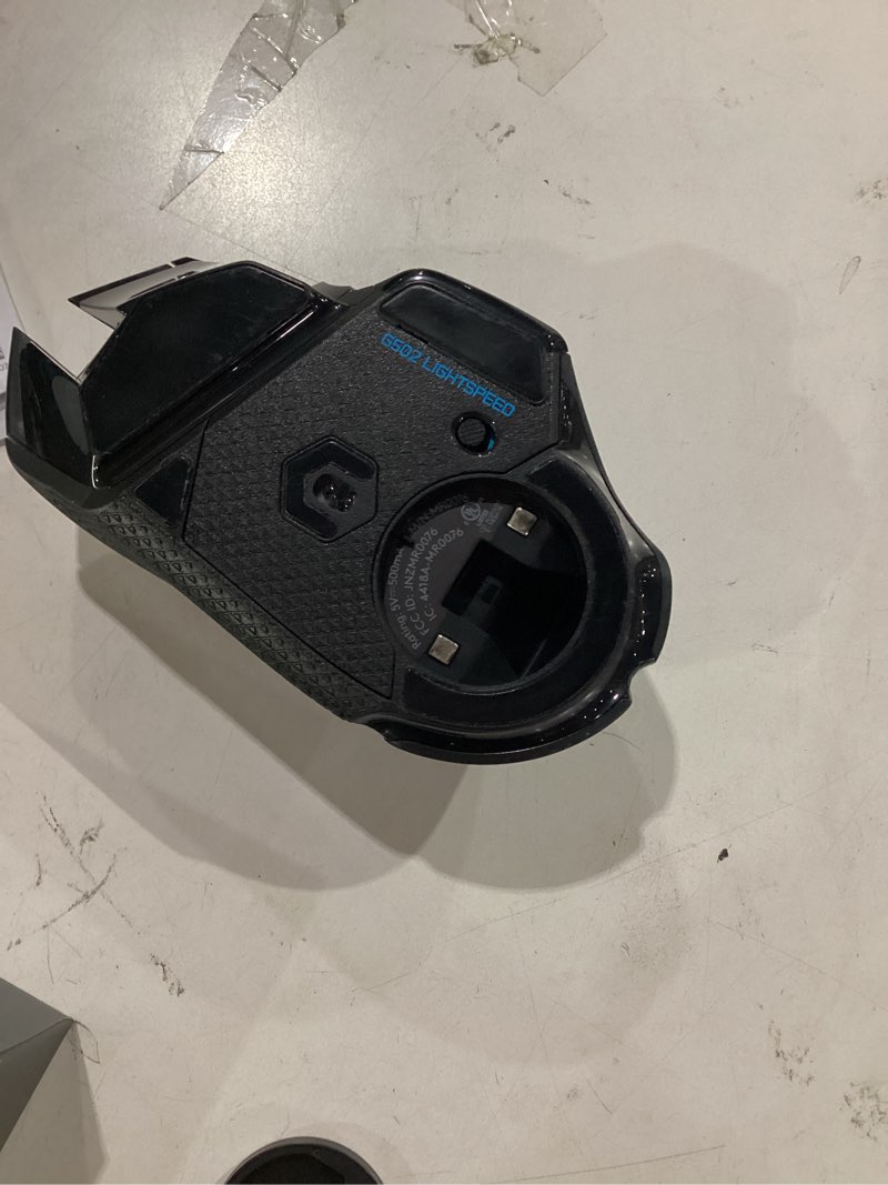 Condition photo showing As Is for *missing usb connector* logitech g502 lightspeed wireless gaming mouse with hero 25k sensor, powerplay compatible, tunable weights and lightsync rgb - black black wireless mouse