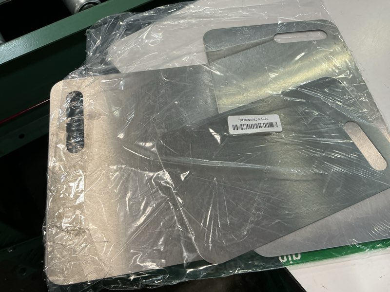 Condition photo showing Good Condition for titanium cutting boards set of 3, 100% pure titanium kitchen cutting board, double-sided non-toxic cutting board, ideal for slicing and dicing meats, features handle, dishwasher safe silver 16"l*10"w(s+m+l)