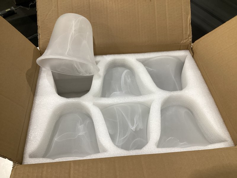 Condition photo showing Good Condition for 6 Pcs Bell Shaped Alabaster Glass Lamp Shade Replacement Globe Ceiling Fan Light Covers with 1-5/8-inch Fitter Opening for Chandelier Wall Sconce Pendant Light Bathroom Vanity Fixture White Alabaster