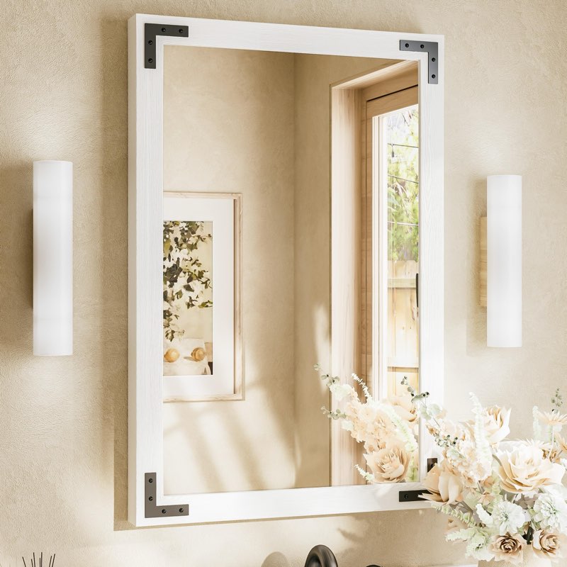TETOTE 48 x 24 White Wood Mirror for Bathroom