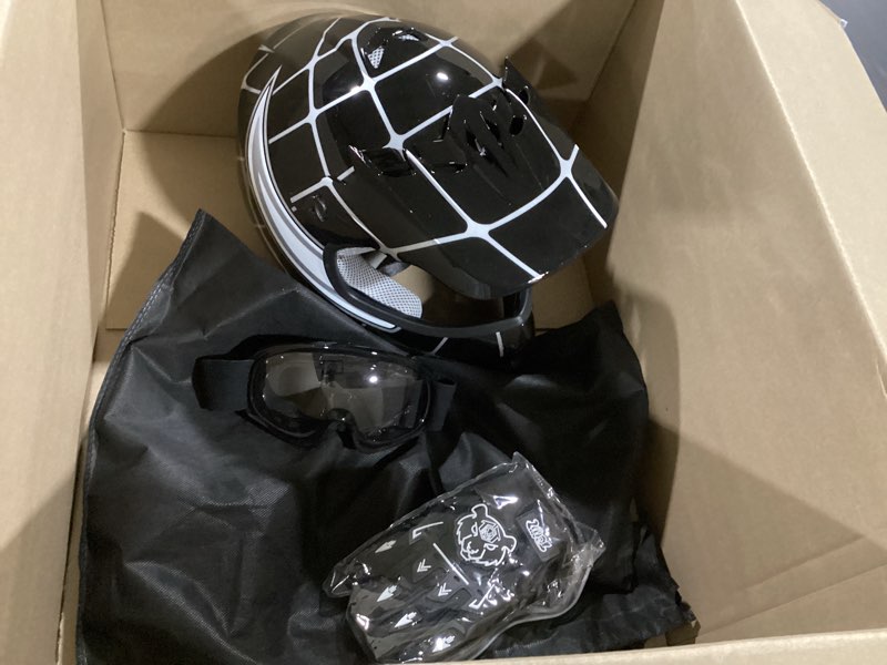 Condition photo showing Good Condition for tcmt youth dirt bike helmet dot certified - kids full face motocross atv helmet with goggles, gloves and helmet bag for off-road, bmx, mx, street riding pattern:black spider youth large