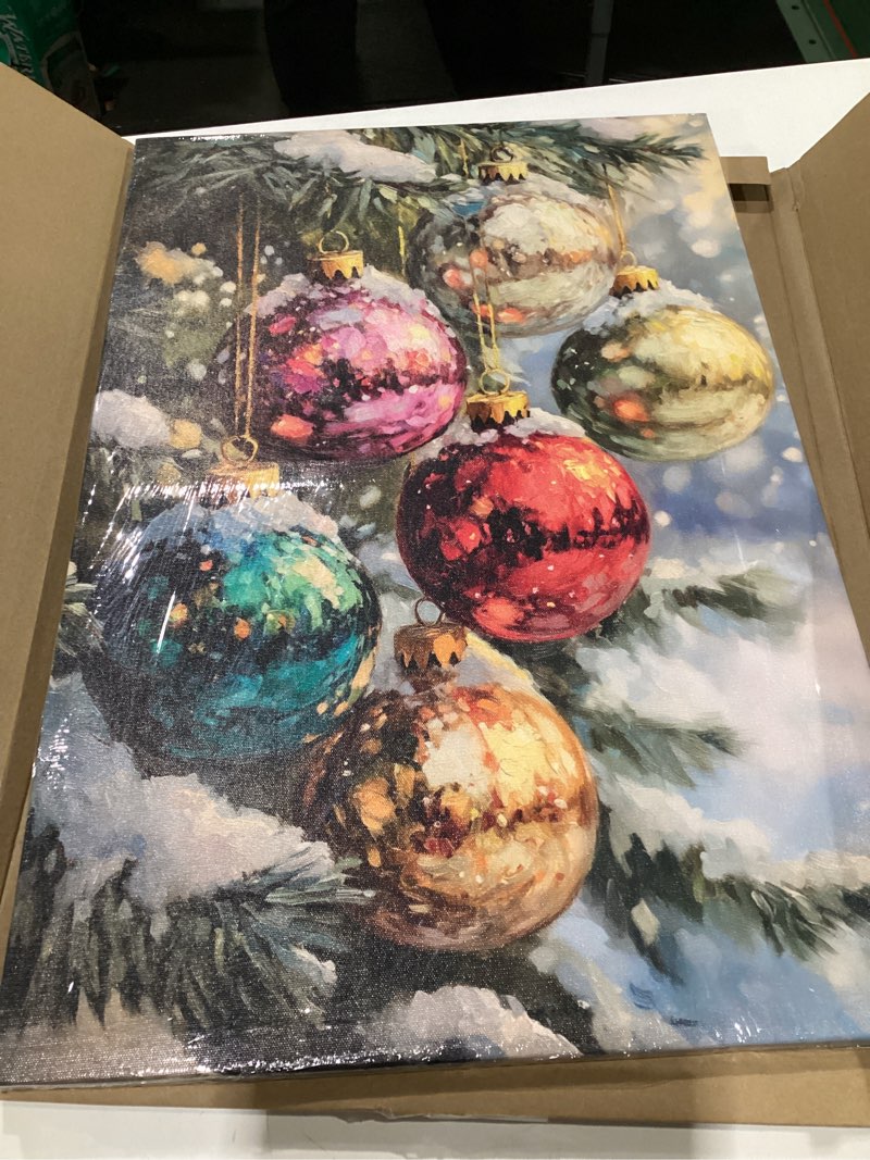 Condition photo showing Good Condition for Christmas Tree Canvas Wall Art Winter Baubles Balls Painting Poster Christmas Tree Balls Wall Decor Winter Picture for Wall Living Room Bathroom Bedroom Home Decoration 16*24 in ( Stretched Canvas on A Wooden Frame) Tree Balls Art Wrapped Canvas 24"L x 16"W