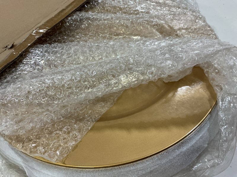 Condition photo showing Good Condition for zeayea 12 pack gold charger plates, 13 inch plastic round dinner charger plates for wedding party, elegant tabletop decor