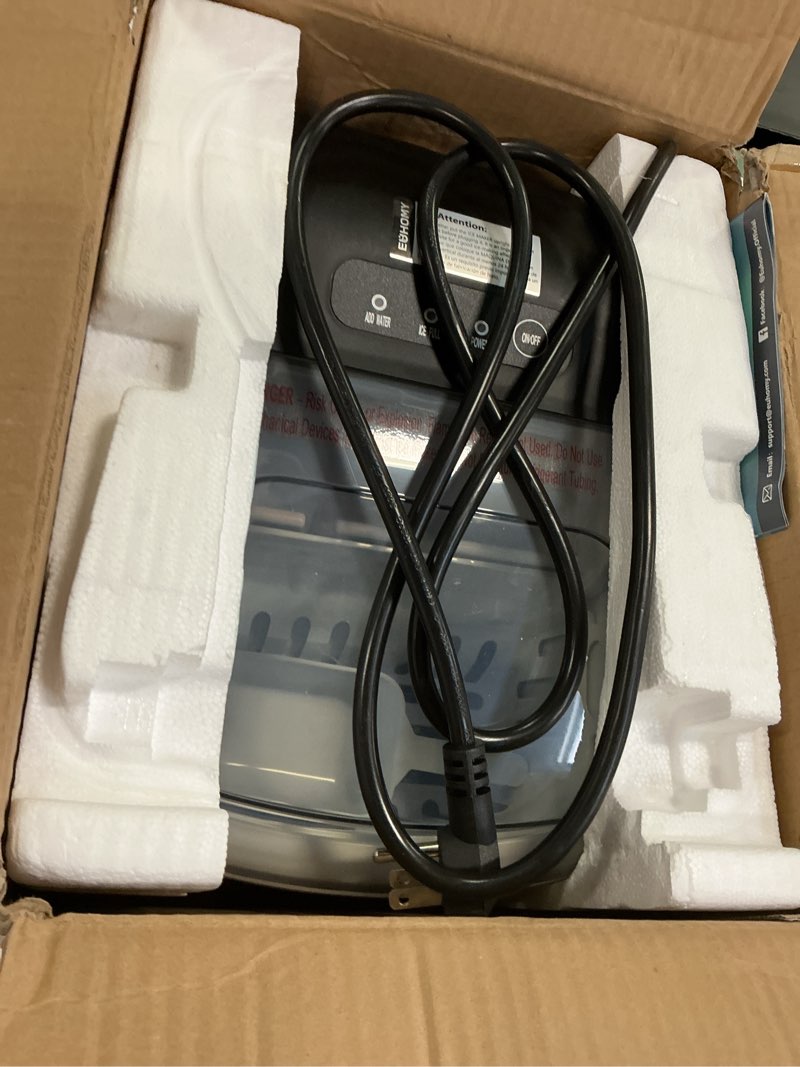 Condition photo showing As Is for EUHOMY Countertop Ice Maker Machine with Handle, 26lbs Per Day, 9 Ice Cubes Ready in 6 Mins, Auto-Cleaning Portable Ice Maker with Basket and Scoop, for Home/Kitchen/Camping/RV (Silver) ICE MACHINE 11.57"D x 11.42"W x 8.74"H Light Grey