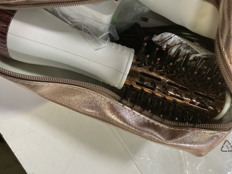 Condition photo showing As Is for travel blow dryer brush in one, dual voltage 120v-240v mini hot air brush, hair trends nano titanium 2 inch one step hair dryer and styler volumizer oval shape 50 mm white & rose gold