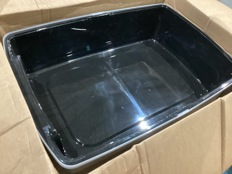 Condition photo showing New/Like New for iris usa cat litter box xx-large open top with high sided walls tall scatter shield scoop included easy clean plastic pan for big cats kittens multi-cat households 30"l x 20"w x 14"h black xxl black