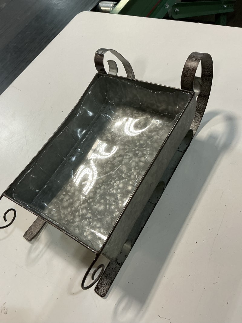 Condition photo showing Good Condition for napco galvanized silvertone farmhouse sleigh 15 x 5 metal decorative tabletop christmas figurine