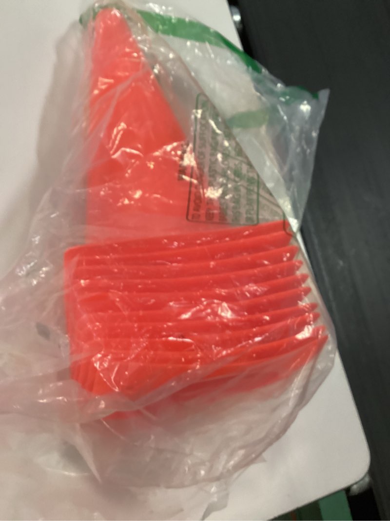 Condition photo showing Good Condition for 12 inch traffic training sports cones, [10 pack] orange safety cones, soccer basketball cones for drills, plastic marker cones for indoor/outdoor activity & festive events 12inch orange