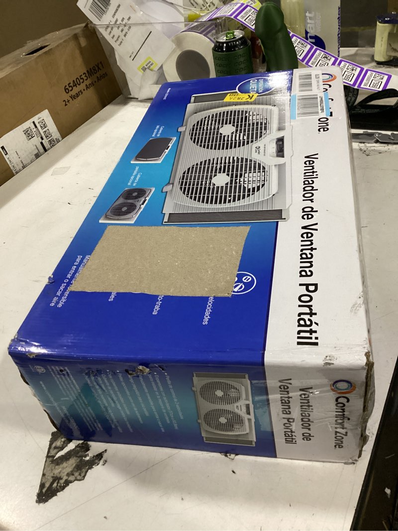Condition photo showing New/Like New for comfort zone twin window fan with reversible airflow control, 9 inch, auto-locking expanders, 2 speed fan, dual fan, exhaust, airflow 9.84 ft/sec, ideal for home, kitchen, bedroom & office, cz319wt white 9"
