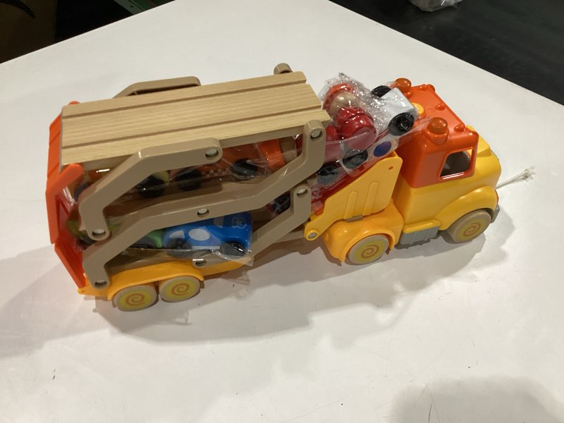 Condition photo showing New/Like New for toddler toys for 2 3 4 5 years old kids, transport car carrier truck toy with 6 wooden vehicle, 30in foldable track trailer with light & sound effects, best gift choice for christmas, birthday j3c