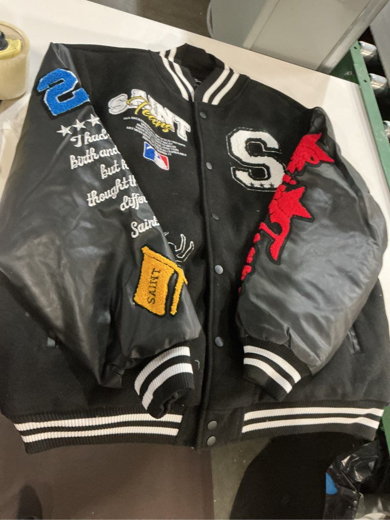 Condition photo showing New/Like New for arnodefrance men saint savior graphic print varsity jacket vintage baseball jackets streetwear coats