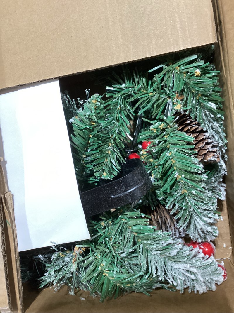 Condition photo showing Good Condition for Christmas Wreath for Front Door, Pre-lit 24 Inch Outdoor Wreath with Timer, Hanger, Pine Cones, Red Berries, Snow Flocked Xmas Decoration for Window, Stairs, Wall, Fireplace, Mantel (Flocked) White