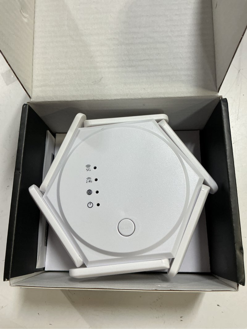 Condition photo showing As Is for 12880 sq.ft wifi extender signal booster, 1200mbps dual band 5ghz/2.4ghz wifi repeater support 60 device,wifi repeater for apartment basement office house (gloss white) gloss white compact