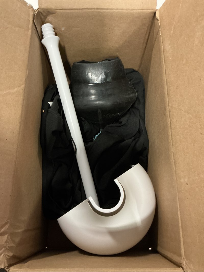 Condition photo showing As Is for korky white toilet plunger and holder – heavy duty compact design – fast clog removal – easy to clean - made in usa