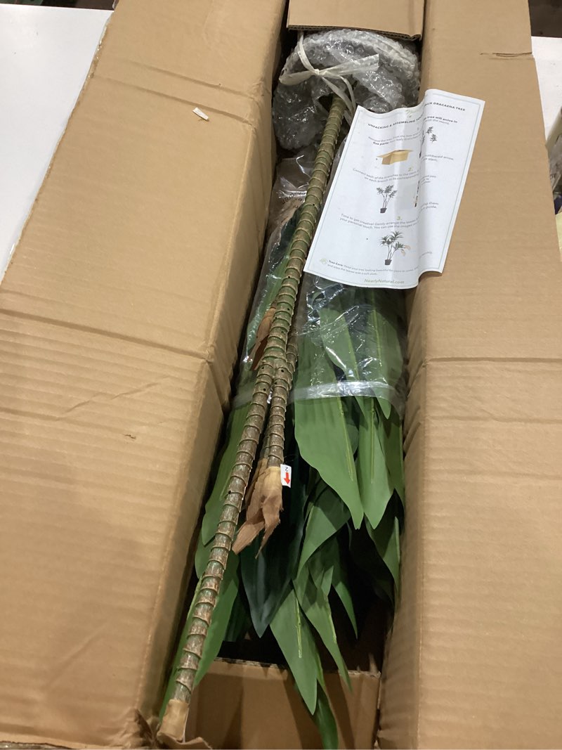 Condition photo showing Good Condition for nearly natural 48in artificial dracaena with real touch leaves and multi tonal trunks, large indoor silk plant with pot, maintenance free for living room and home office decor green
