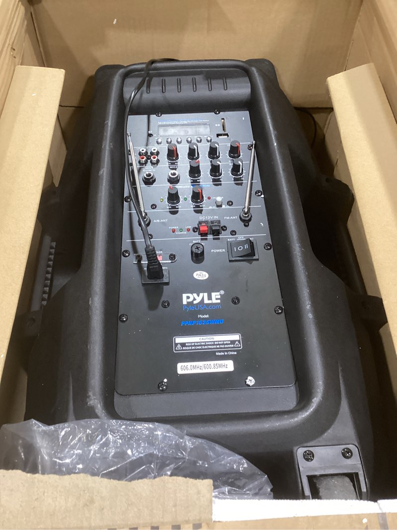 Condition photo showing As Is for pyle 1600 watt, 15" bluetooth pa speaker - indoor / outdoor portable sound system with (2) uhf wireless microphones, rechargeable battery, audio recording, usb/sd readers, fm radio (pphp1535wmu)