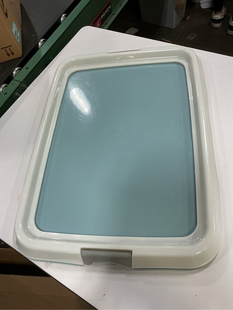 Condition photo showing Good Condition for IRIS USA Pee Pad Holder - For Small Sized Dog and Puppy Pee Pads, Secured Latches, Non-Skid Feet, High Polish Finish for Easy Cleaning, Leak Protection, Fits 17"x23" Pad, Blue 17" x 23" Blue