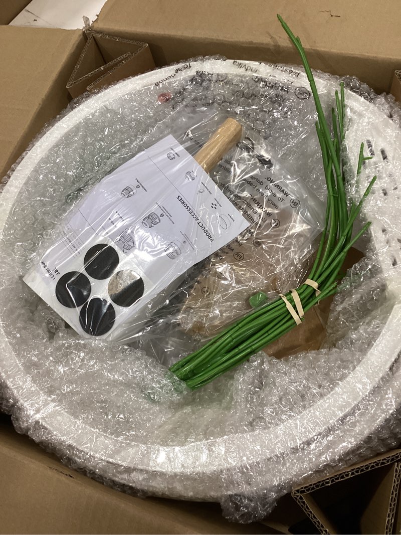 Condition photo showing New/Like New for hidden cat litter box enclosure with artificial plant, stainless steel litter box furniture, decorative round planter includes scoop, pebbles, carbon filter, easy to clean (beige)