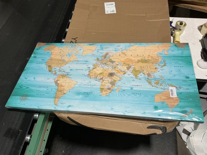 Condition photo showing New/Like New for large wall art blue map of the world painting ready to hang 24"x48"large framed wall art world map canvas map decorations artwork prints 48l" x 24"w blue