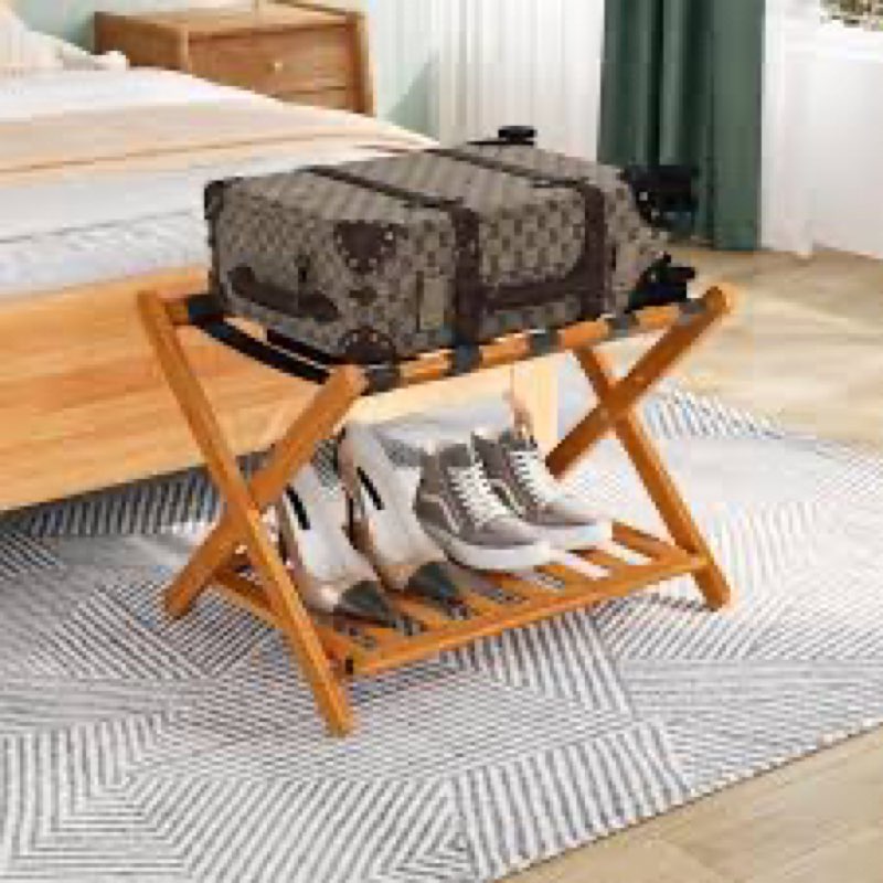 gaohapy bamboo luggage rack with shoe shelf folding suitcase stand with 5 heavy-duty straps for gues