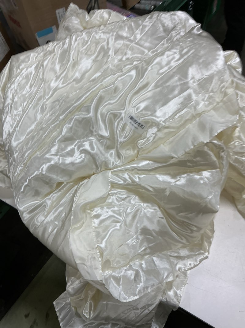 Condition photo showing As Is for silk like satin comforter set with sheet set king 8 pcs white satin bedding set silky ruffle pattern home deocr luxury hotel silky bed in a bag with 1 cushion cover king white
