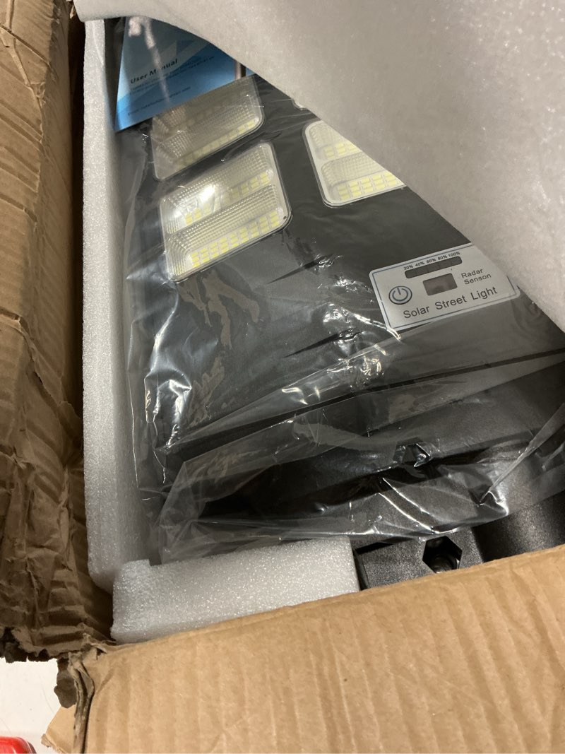 Condition photo showing Good Condition for 8000W Solar Street Lights Outdoor Waterproof, Dusk to Dawn Solar Lights Outdoor with Motion Sensor and Remote Control for Yard, Parking Lot, Garage, Street, 3 Pack 8000W*3PACK