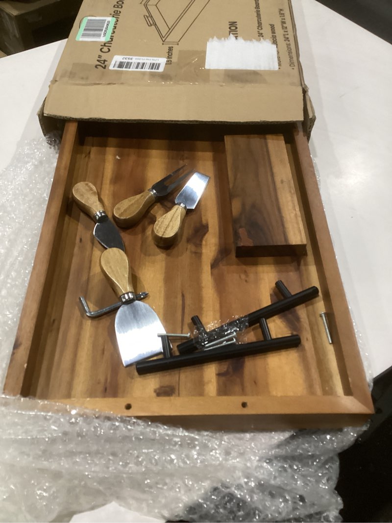 Condition photo showing As Is for 24" large charcuterie tray with handles, extra long wooden serving cheese boards - serving platter for meat, party appetizers, outdoor & fruits display (acacia wood) acacia 24" x 12" x 1.5"