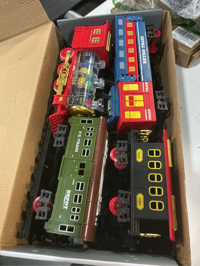 Condition photo showing Good Condition for electric train set christmas train toys for boys with smokes, lights and sound (on/off) rechargeable train set under christmas tree, toddler model trains for 3 4 5 6 7 8+ years old kids gifts red chrismas train
